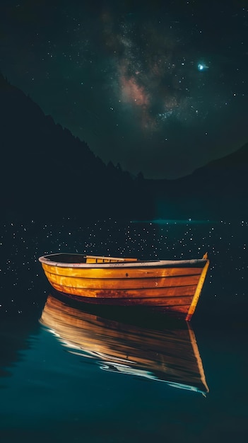 Evening by the lake with a lone boat drifting on calm waters under a starry sky with copyspace