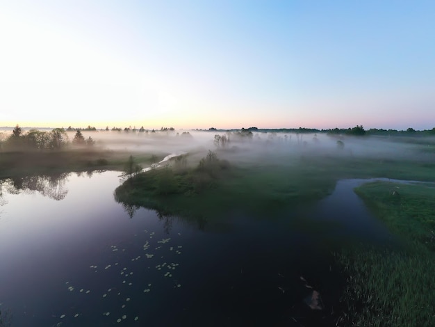 evening fog landscape forest river, view morning forest beautiful background