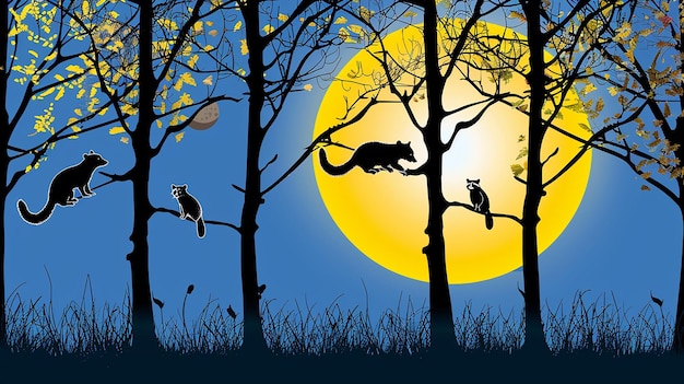 Photo evening forest silhouette with silhouettes of animals