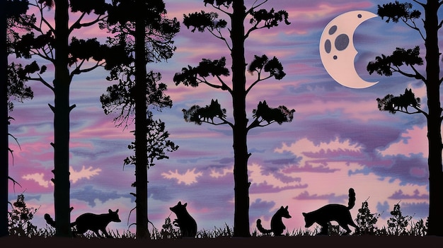 Photo evening forest silhouette with silhouettes of animals