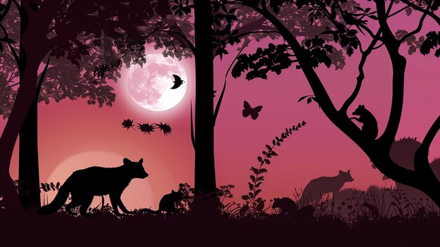 Photo evening forest silhouette with silhouettes of animals