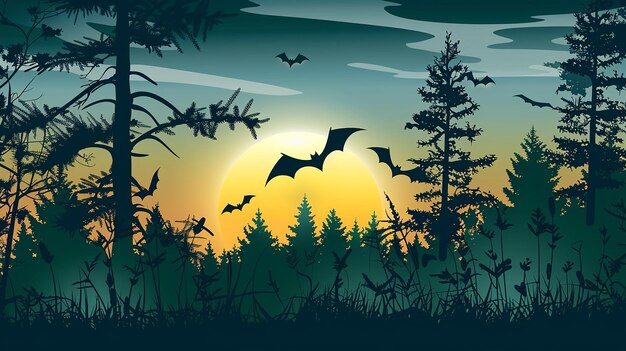 Photo evening forest silhouette with silhouettes of bats