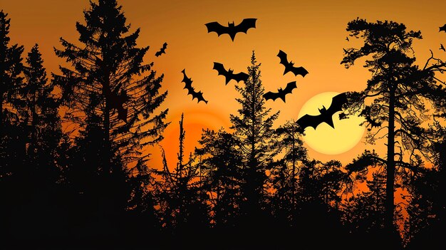 Photo evening forest silhouette with silhouettes of bats