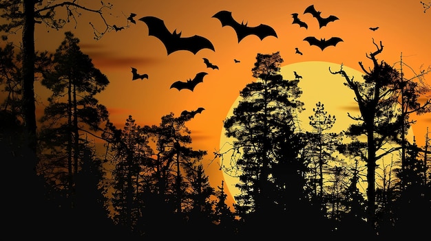 Photo evening forest silhouette with silhouettes of bats