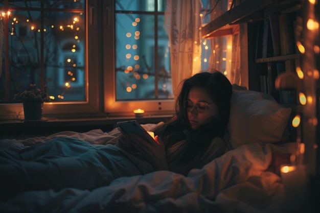 Photo evening glow a woman relaxing in bed with string lights