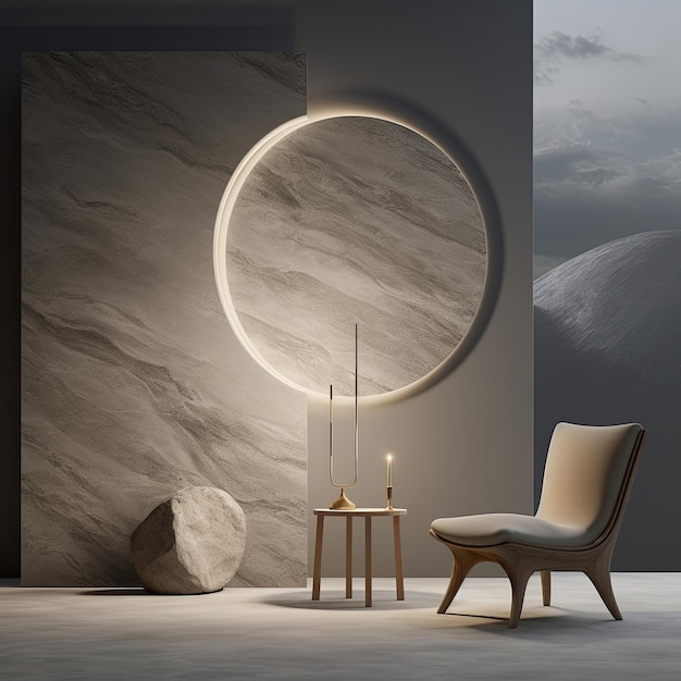 Photo evening interior with armchair and stone marble wall with round backlight ai generated illustration