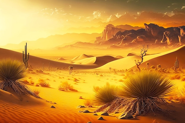 Evening landscape of giant sand dunes desert landscape with cactus and sand dunes generative ai