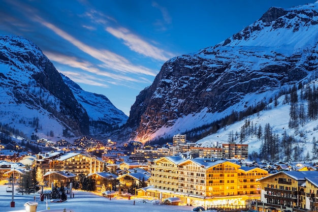 Evening landscape and ski resort in French Alps, Val d'Isere, France