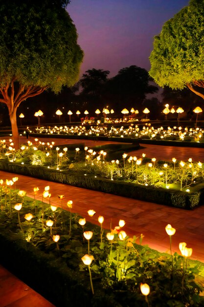 Evening Lights A Mughal garden illuminated by evening lights creating a magical ambiance