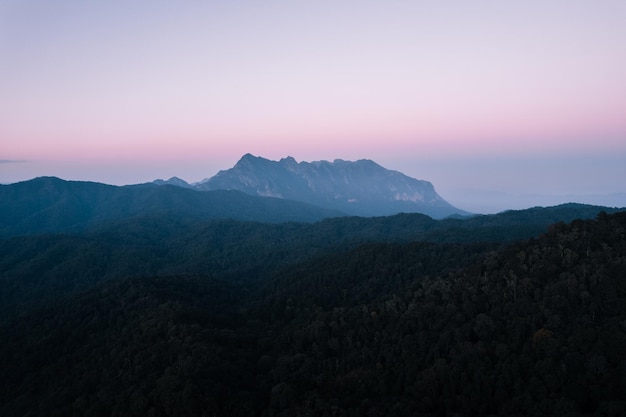 Evening mountain view sunset and purple twilight