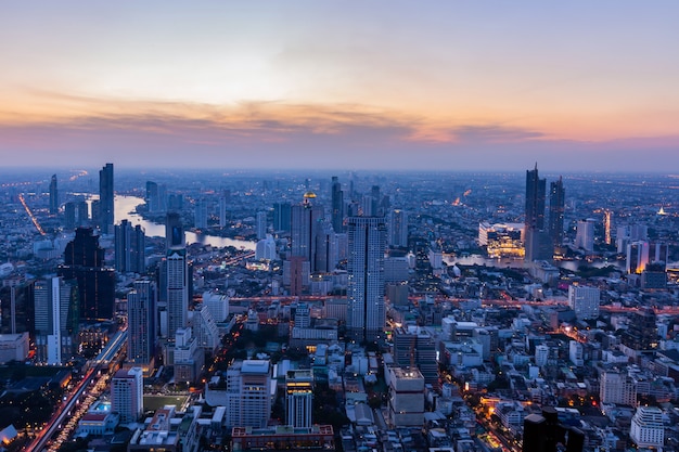 The evening and night lights of Bangkok when viewed from a corner 