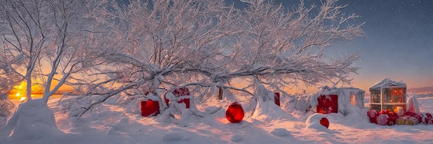 Evening panorama of the forest with snowcovered trees on Christmas Eve generated AI