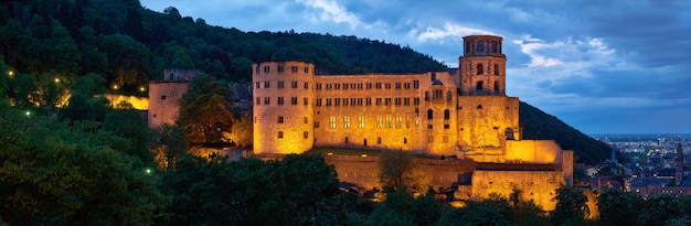 Evening panorama of Heidelberg, Germany with Heidelberg Castle and aerial view of the town