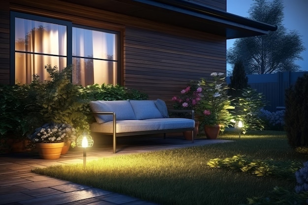 Evening on patio of suburban house with garden lights tranquil outdoor setting for relaxation