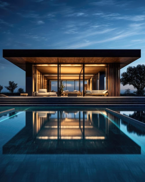 Evening photo of a modern villa with infinity pool