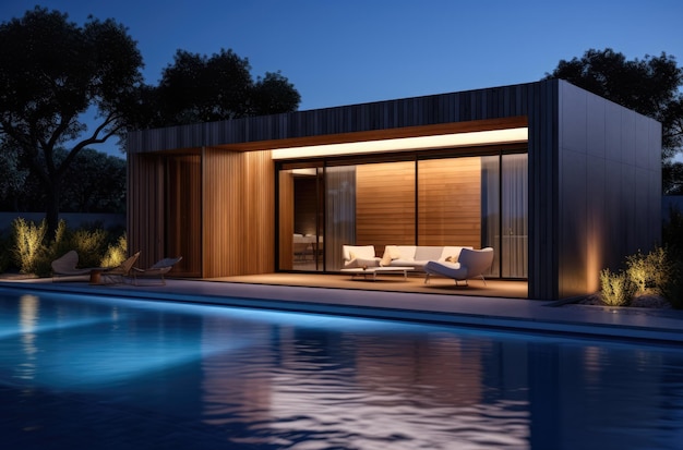 Evening photo of a modern villa with infinity pool