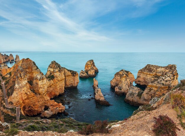 Evening Ponta da Piedade landscape along coastline of Lagos town Algarve Portugal