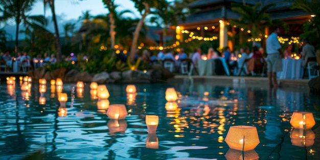 an evening reception by the poolside of a luxury hotel