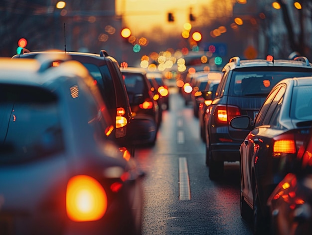 Evening Rush Hour Traffic Jam on City Street With Red Lights Glowing