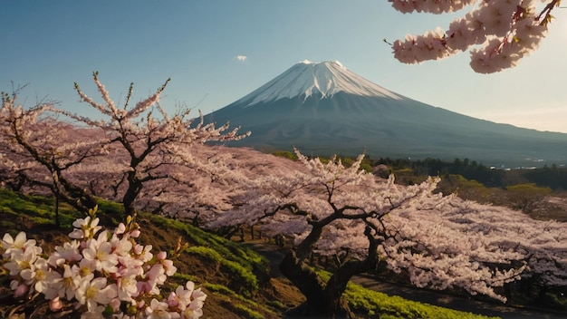 Evening scenery of Mt Fuji seen from Arakurayama sengen park Fujiyoshida City Yamanashi Japan