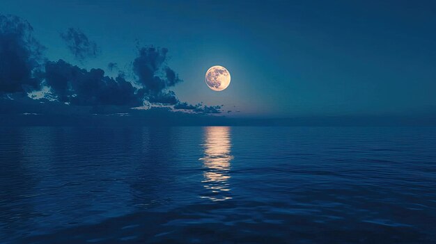 Evening shot of the moon reflecting on the still blue ocean creating a serene and peaceful scene