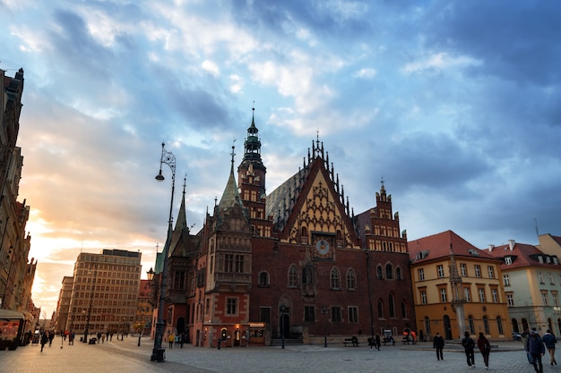 Evening streets of the city of wroclaw in poland in spring at sunset