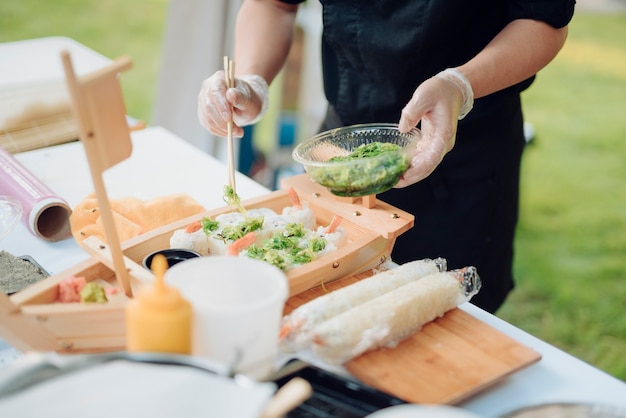 Evening summer wedding cocktail meal outdoors