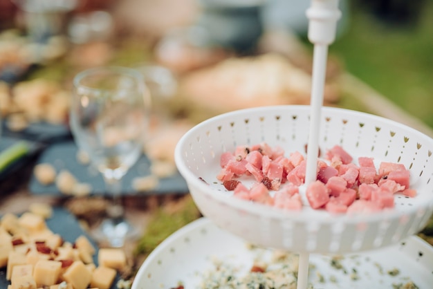 Evening summer wedding cocktail meal outdoors