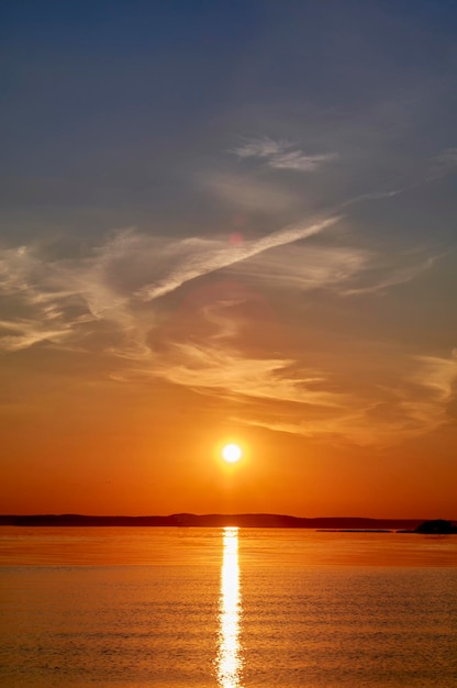 Evening sunset over the lake in orange tones Evening sunset over the water Sunset scene