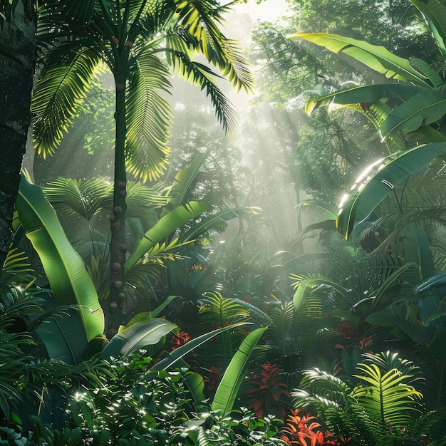 Evening Sunshine in a Green Jungle 3D Rendering