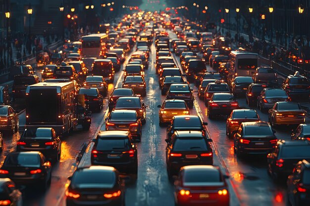 Evening traffic congestion on a city street during rain