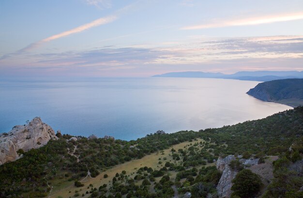 Evening twilight coastline landscape of Novyj Svit reserve (Crimea, Ukraine).