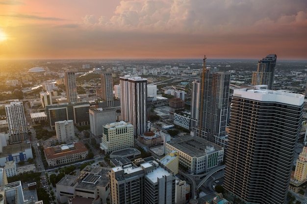 Evening urban landscape of downtown district of Miami Brickell in Florida USA Skyline with high skyscraper buildings in modern american megapolis