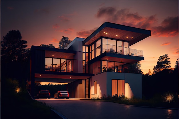 Evening view of a luxurious modern house