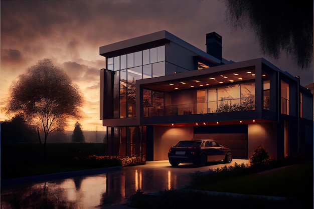 Evening view of a luxurious modern house