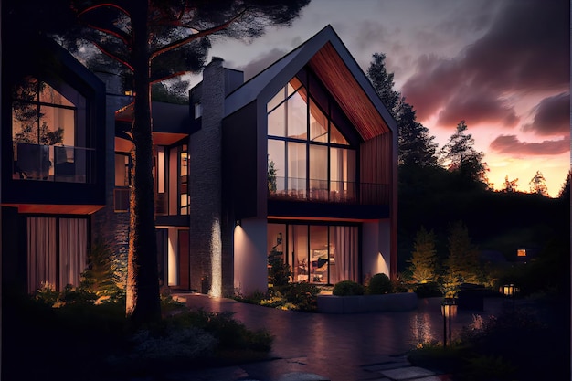 Evening view of a luxurious modern house