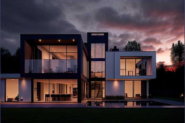 Evening view of a luxurious modern house