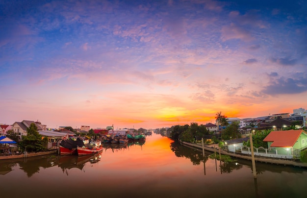 evening view of the port and city of thailand,City view of Bangkok, Thailand There is the Chao Phray