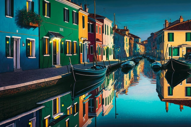 Evening view upon houses of burano street reflected in canal with water and boats