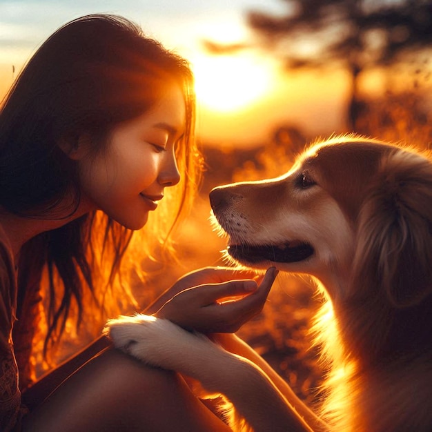 An evening walk with a dog under the golden sunset