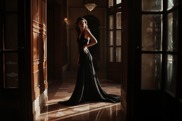 Photo evening wedding black dress in a dark room