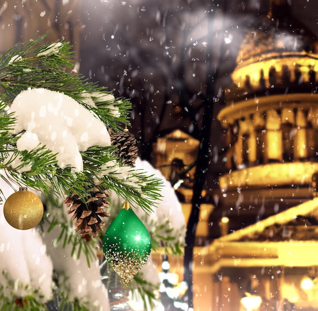 evening  winter city Christmas tree decoration  snow fall,snowy street medieval city buildings