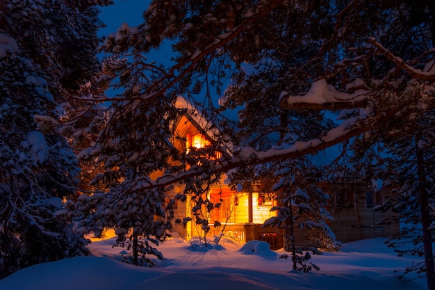 Evening winter forest. Pine branches covered with large caps of snow. Lighted cottage in the background