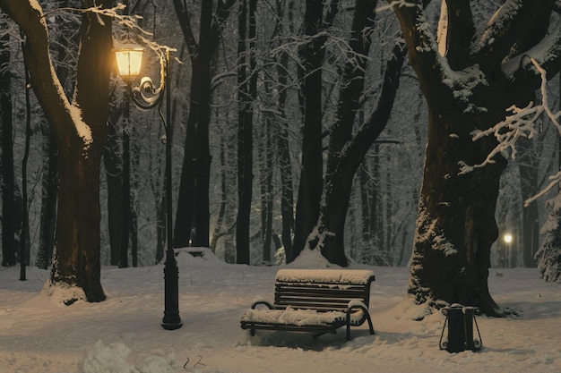 Evening in the winter park. Beautiful landscape with a bench.