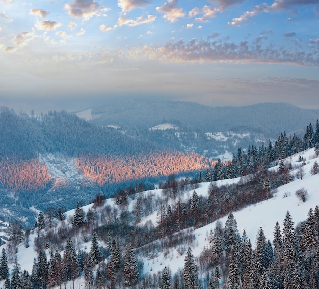 Evening winter Ukrainian Carpathian Mountains landscape