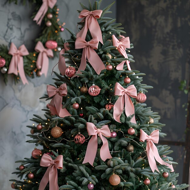 Evergreen tree adorned with pink bows and ornaments for the holiday season