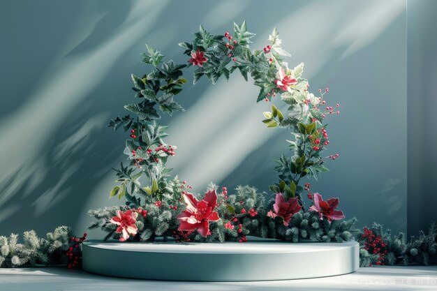 Photo evergreen wreath and podium in sunlight