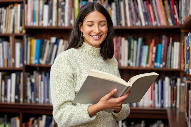 Everything you need for better future Shot of a young woman reading a book in a library