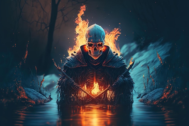 Evil dead skeleton in fire climbs out of pond of the swamp Terrible Living dead skeleton drowned Reflection in the water night twilight Eyes in fire