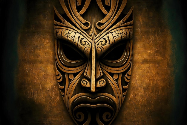 Evil deity wooden tiki mask on dark background